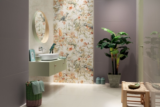 Modern Pearl czyli łazienka z rajskimi ptakami i dziką przyrodą  Tubądzin
