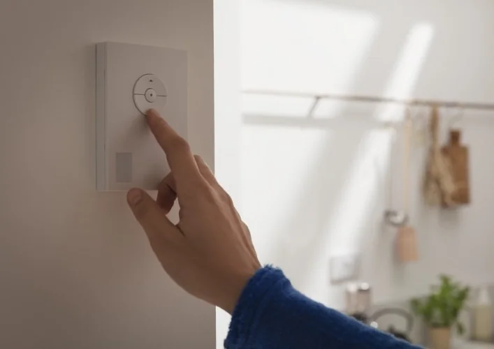Wenętrzny czujnik klimatu VELUX ACTIVE Mierzy 3 podstawowe parametry jakości powietrza: temperaturę, wilgotność oraz poziom CO2, a&nbsp;następnie przesyła dane do bramki internetowej VELUX ACTIVE.