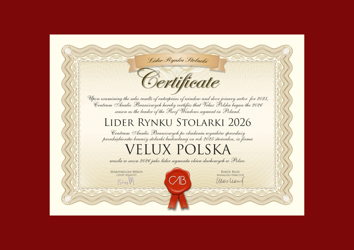 Velux Polska Liderem Rynku Stolarki  2026 Dyplom